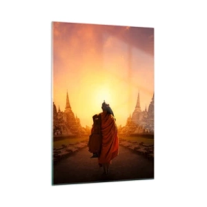 Impression sur verre - Image sur verre - Un moine sur fond de soleil couchant et de temples en Asie - 50x70cm - En paix pour l'éternité - Décoration murale moderne pour le salon et la chambre ARTTOR