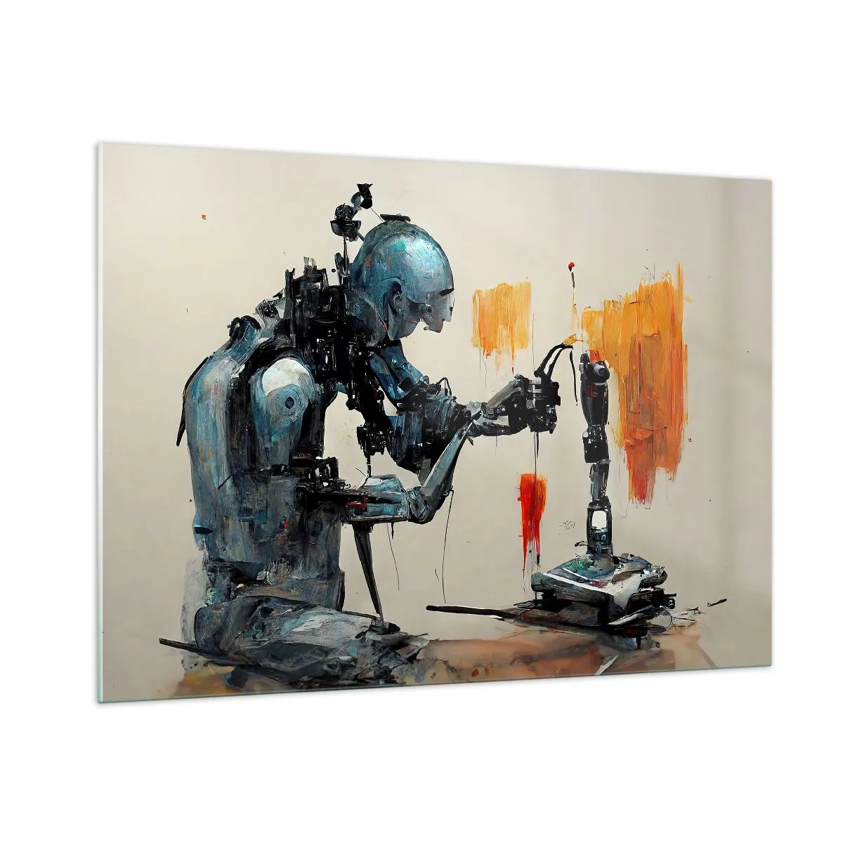 Impression sur verre - Image sur verre - Un robot peignant une main mécanique sur un fond abstrait. - 100x70cm - Déjà demain… - Décoration murale moderne pour le salon et la chambre ARTTOR