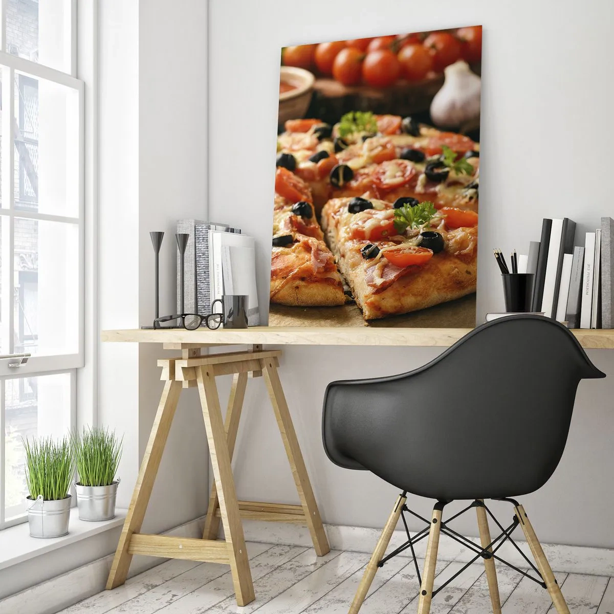 Impression sur verre - Image sur verre - Pizza aux tomates, olives et herbes fraîches sur la table - 80x120cm - Tu t'en es encore tiré - Décoration murale moderne pour le salon et la chambre ARTTOR