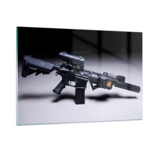 Impression sur verre - Image sur verre - Un fusil d'assaut noir avec des accessoires posés sur un fond clair - 120x80cm - Chevalier ténébreux - Décoration murale moderne pour le salon et la chambre ARTTOR