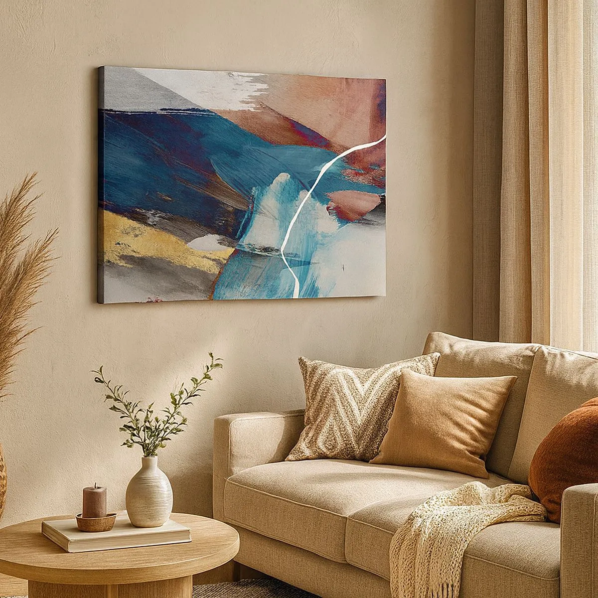 Impression sur toile - Image sur toile - Coups de pinceau abstraits dans des tons de bleu et d'or - 70x50cm - Avec panache et énergie - Décoration murale moderne pour le salon et la chambre ARTTOR