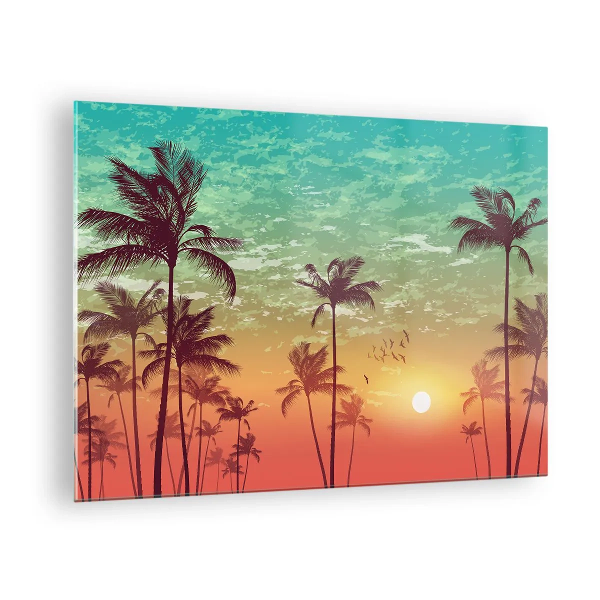 Impression sur verre - Image sur verre - Illustration de palmiers au coucher du soleil - 70x50cm - Ambiance tropicale - Décoration murale moderne pour le salon et la chambre ARTTOR