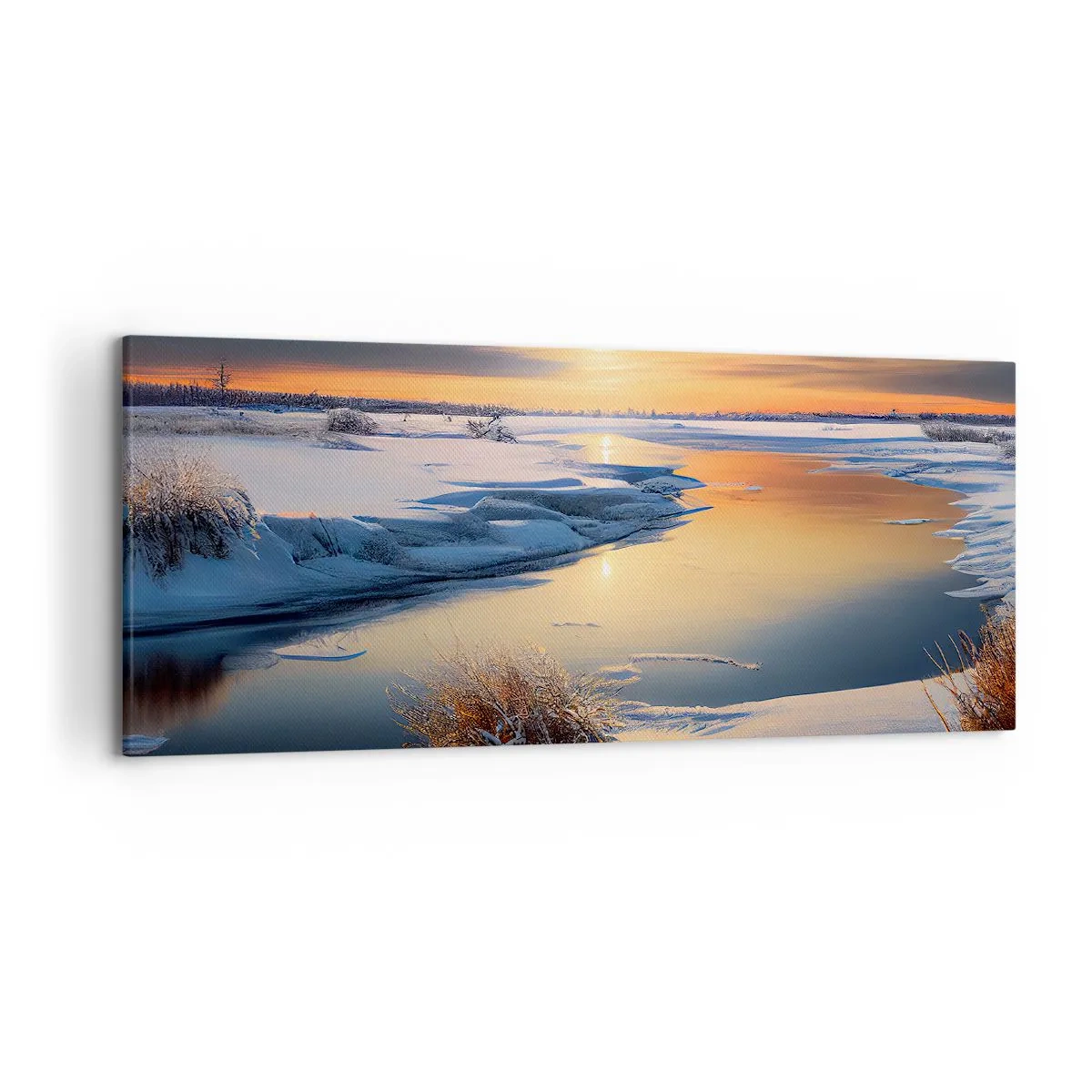 Impression sur toile - Image sur toile - Paysage d'hiver avec une rivière au coucher du soleil - 120x50cm - Coucher de soleil d'hiver - Décoration murale moderne pour le salon et la chambre ARTTOR