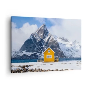 Impression sur toile - Image sur toile - Une maison jaune sur fond de montagnes enneigées et de la mer - 70x50cm - Vacances scandinaves - Décoration murale moderne pour le salon et la chambre ARTTOR