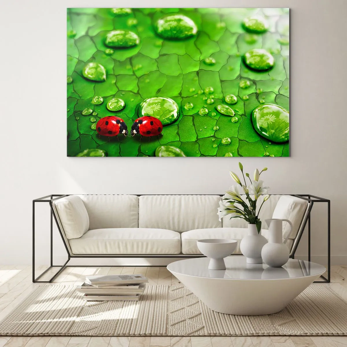Impression sur verre - Image sur verre - Deux coccinelles sur une feuille verte avec des gouttes d'eau - 70x50cm - Rendez-vous au vert - Décoration murale moderne pour le salon et la chambre ARTTOR