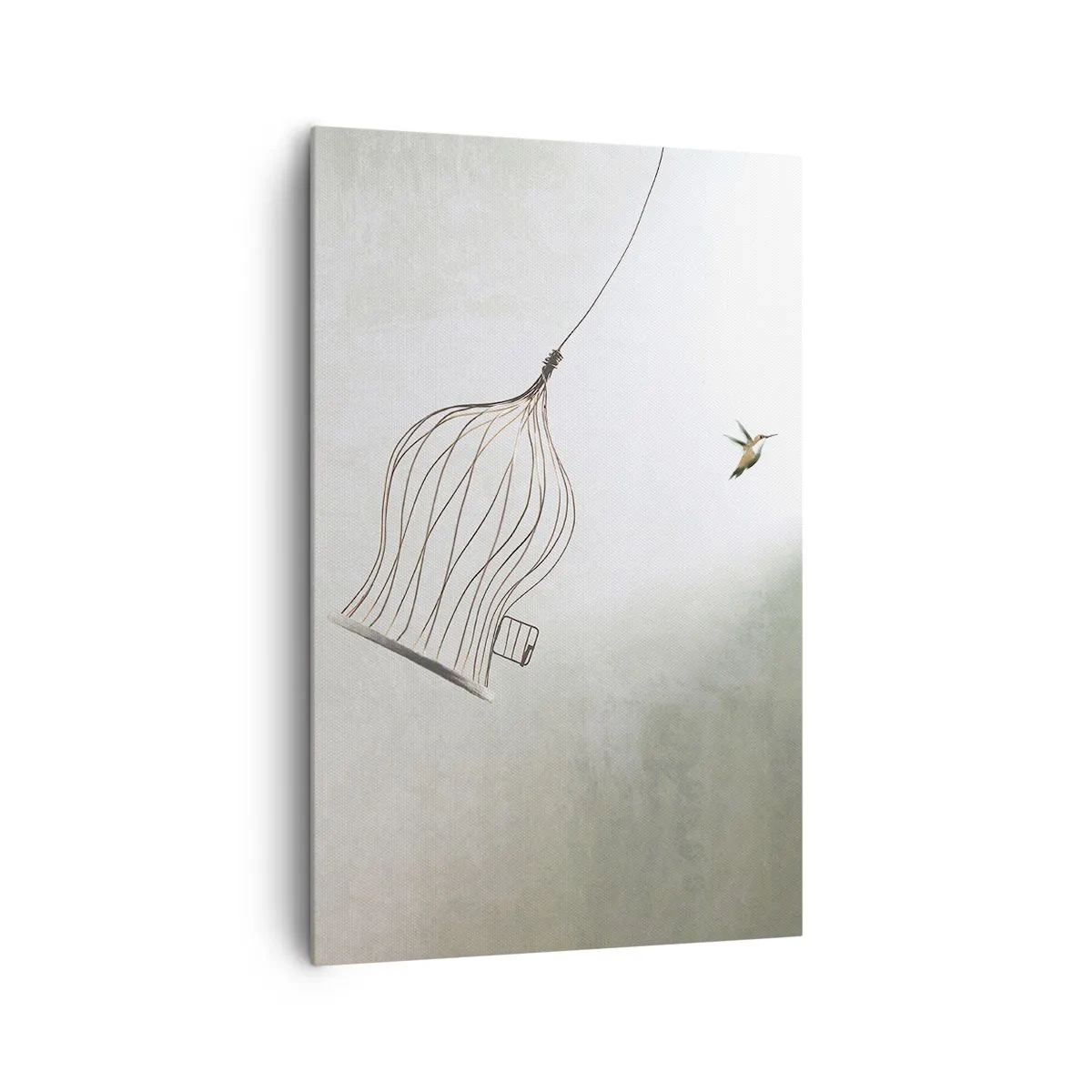 Impression sur toile - Image sur toile - Un oiseau libéré d'une cage sur fond de ciel lumineux - 80x120cm - Dans son élément - Décoration murale moderne pour le salon et la chambre ARTTOR