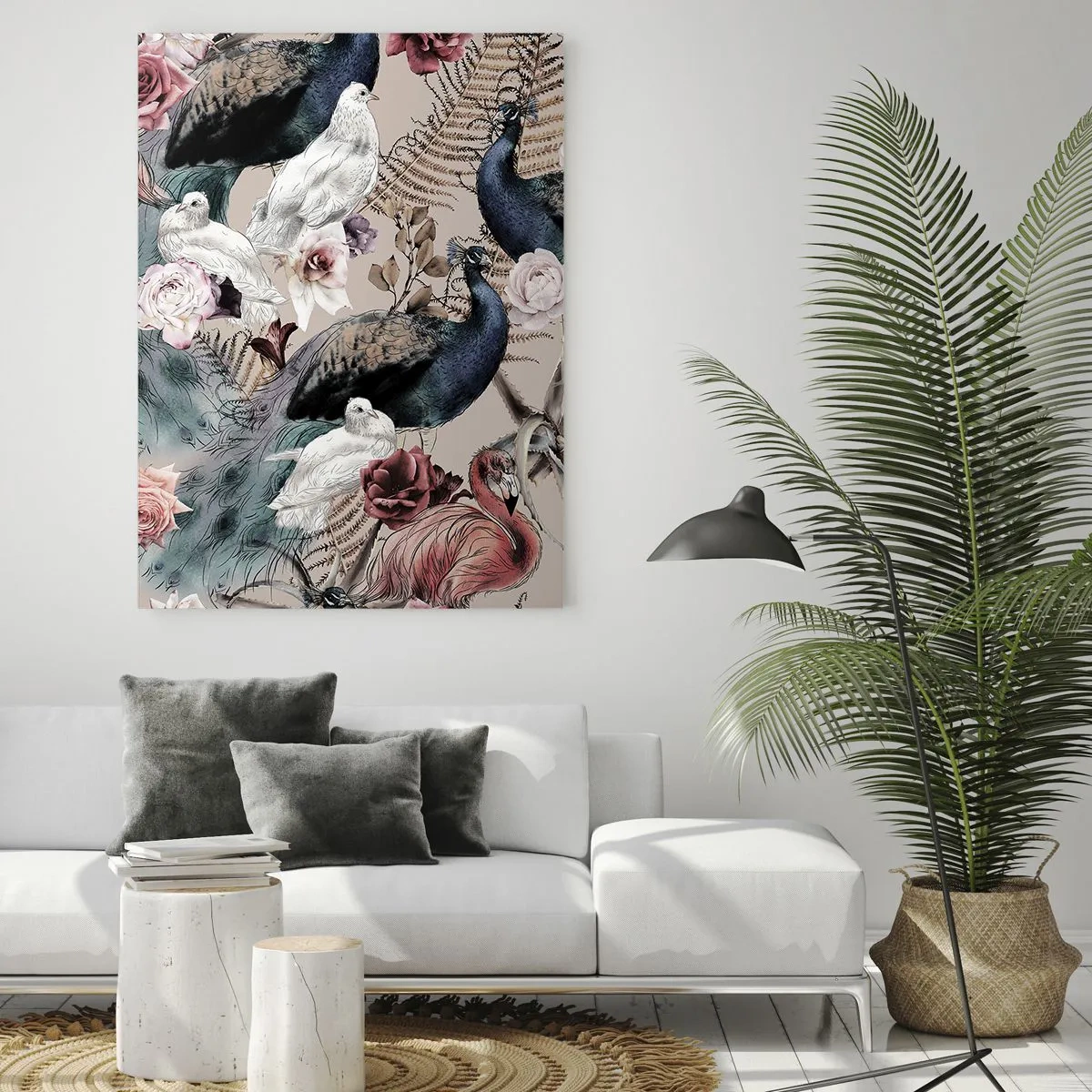 Impression sur verre - Image sur verre - Un paysage avec des plumes de paon, des roses et des oiseaux dans un style romantique. - 80x120cm - Dans un jardin de palace - Décoration murale moderne pour le salon et la chambre ARTTOR