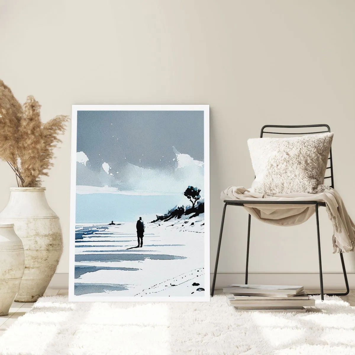 Affiche - Poster - Une silhouette solitaire sur la plage dans des tons aquarelles - 50x70cm - Seul à seul - Décoration murale moderne pour le salon et la chambre ARTTOR