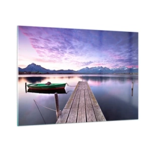 Impression sur verre - Image sur verre - Bateau vert sur une jetée avec un arrière-plan de montagne au lever du soleil - 100x70cm - Silence amical - Décoration murale moderne pour le salon et la chambre ARTTOR