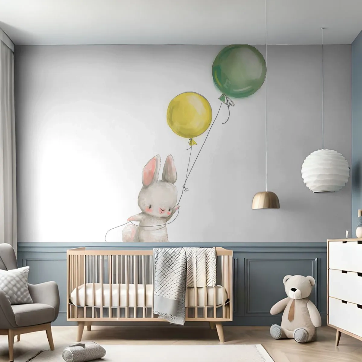 Papier Peint Photo Standard Eco - Adorable lapin flottant sur des ballons à l'aquarelle - 100x70cm - Moi aussi je vole! - Décoration murale moderne pour le salon et la chambre ARTTOR