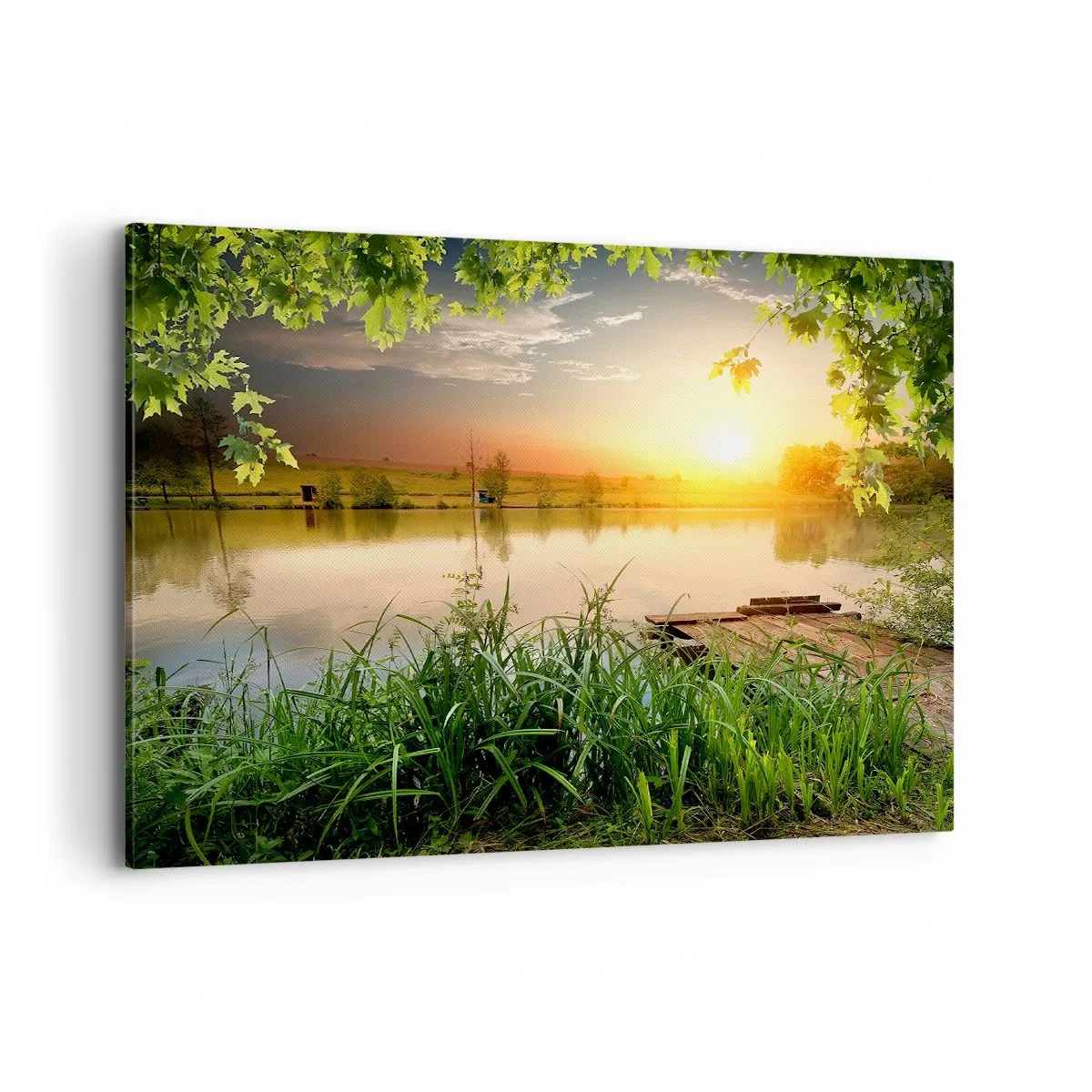 Impression sur toile - Image sur toile - Paysage verdoyant avec un lac au coucher du soleil - 100x70cm - Paysage dans un cadre verdoyant - Décoration murale moderne pour le salon et la chambre ARTTOR