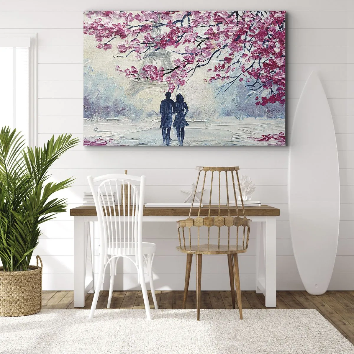 Impression sur toile - Image sur toile - Un couple sous des arbres roses en fleurs dans un cadre romantique - 70x50cm - Ballade romantique - Décoration murale moderne pour le salon et la chambre ARTTOR