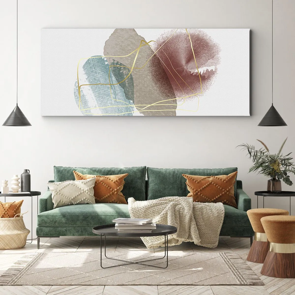 Impression sur toile - Image sur toile - Formes abstraites aux couleurs délicates et aux lignes dorées - 160x50cm - Coraux de l'espace - Décoration murale moderne pour le salon et la chambre ARTTOR