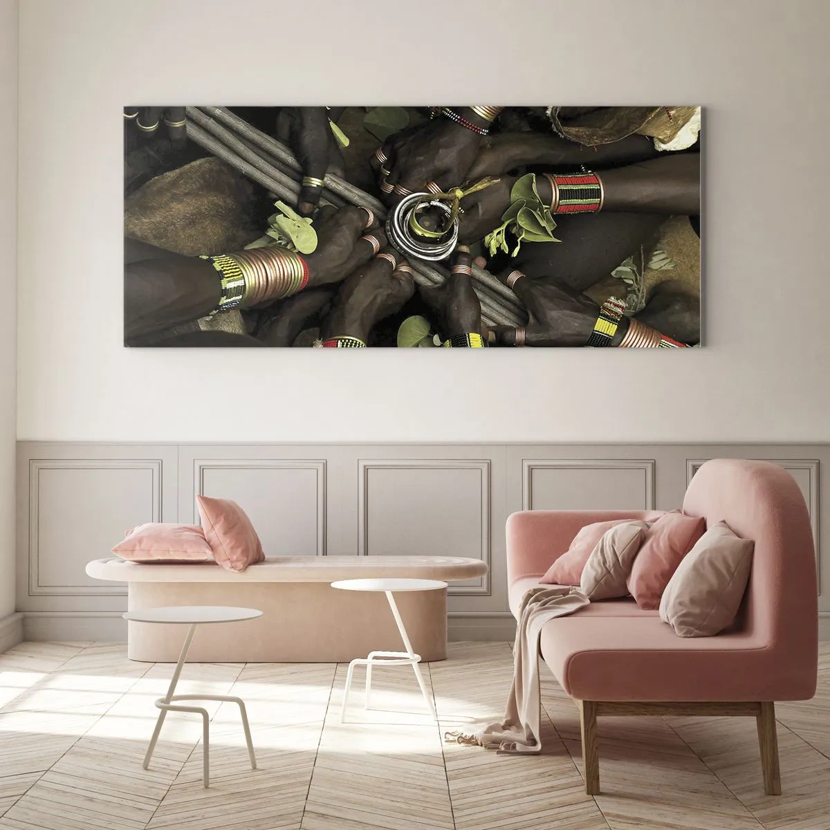 Impression sur verre - Image sur verre - Bracelets de main traditionnels dans un groupe de mains - 140x50cm - Nous sommes ensemble - Décoration murale moderne pour le salon et la chambre ARTTOR