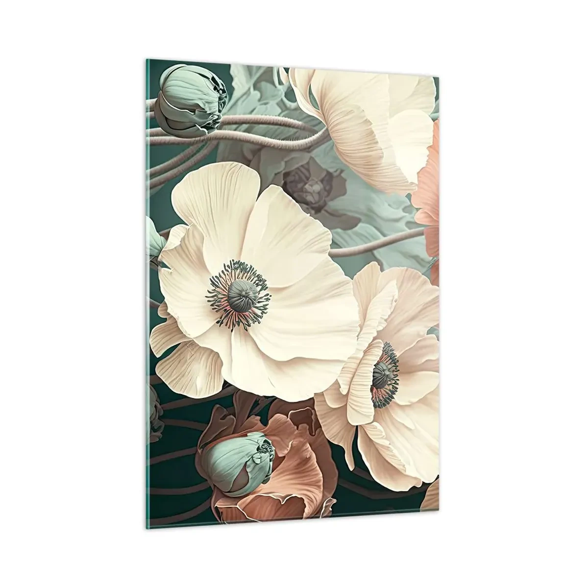 Impression sur verre - Image sur verre - Délicates crèmes et coquelicots saumonés sur fond sombre - 50x70cm - Le murmure des coquelicots - Décoration murale moderne pour le salon et la chambre ARTTOR