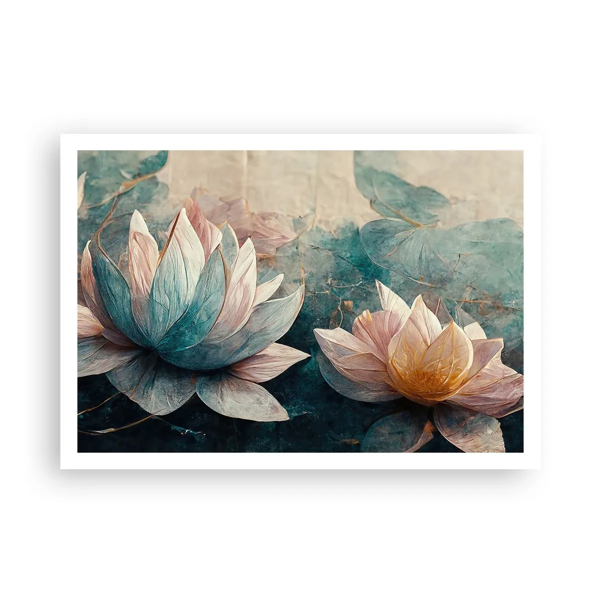 Affiche - Poster - De subtils nénuphars aux tons pastel de bleu et d'or - 100x70cm - Les étoiles du lac - Décoration murale moderne pour le salon et la chambre ARTTOR