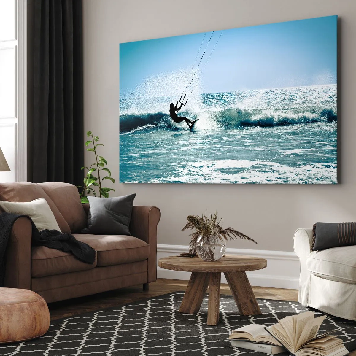 Impression sur toile - Image sur toile - Kitesurfeur sur une vague en plein soleil - 120x80cm - On se laisse emporter - Décoration murale moderne pour le salon et la chambre ARTTOR