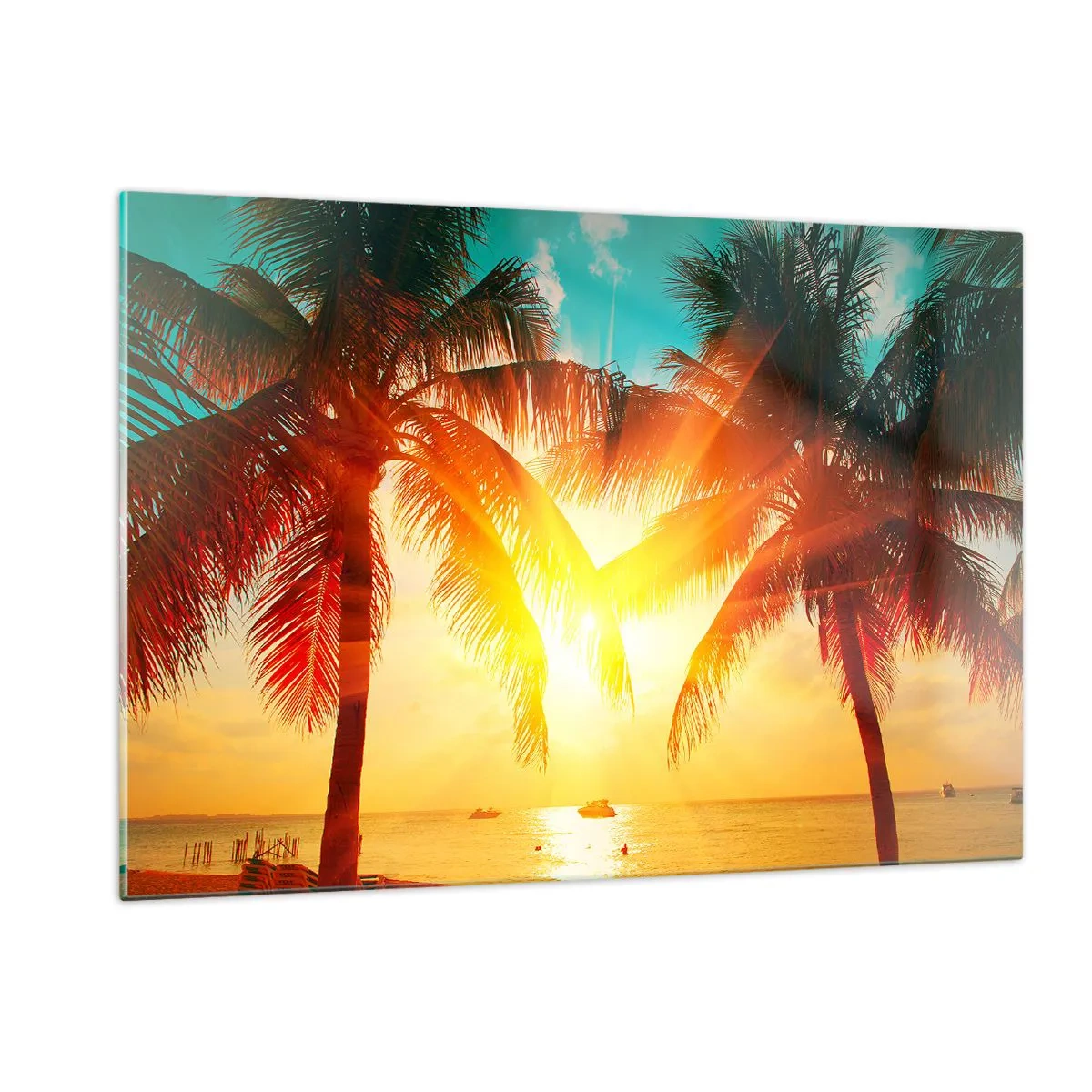 Impression sur verre - Image sur verre - Palmiers ensoleillés sur une plage tropicale - 120x80cm - Couple exotique - Décoration murale moderne pour le salon et la chambre ARTTOR
