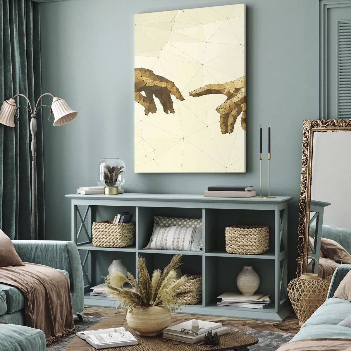 Impression sur toile - Image sur toile - Mains géométriques tendues l'une vers l'autre sur un fond clair - 70x100cm - Géométrie divine - Décoration murale moderne pour le salon et la chambre ARTTOR