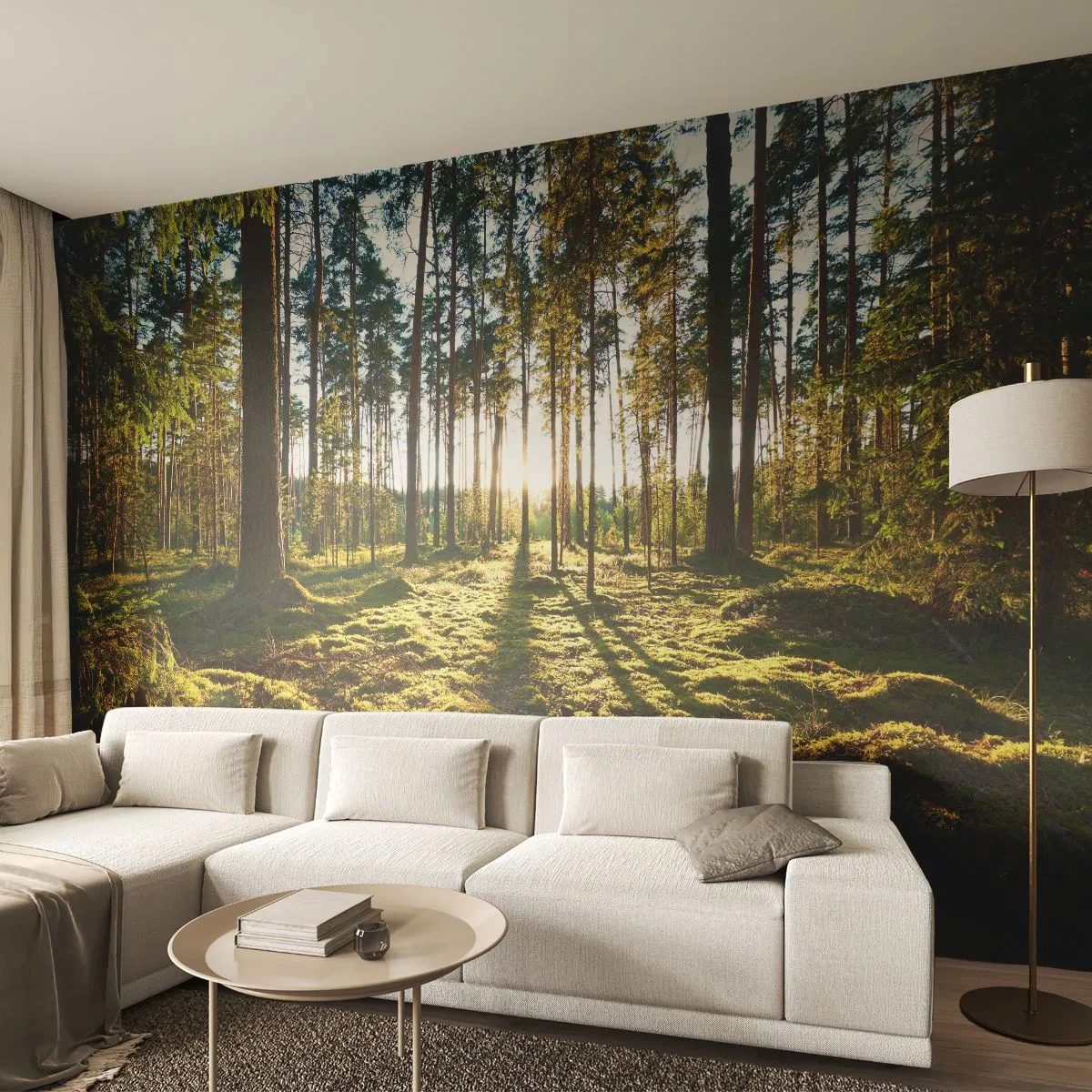 Papier Peint Photo Premium Sand - Forêt ensoleillée avec de la mousse verte et de longues ombres d'arbres - 100x70cm - … Derrière les sept forêts - Décoration murale moderne pour le salon et la chambre ARTTOR