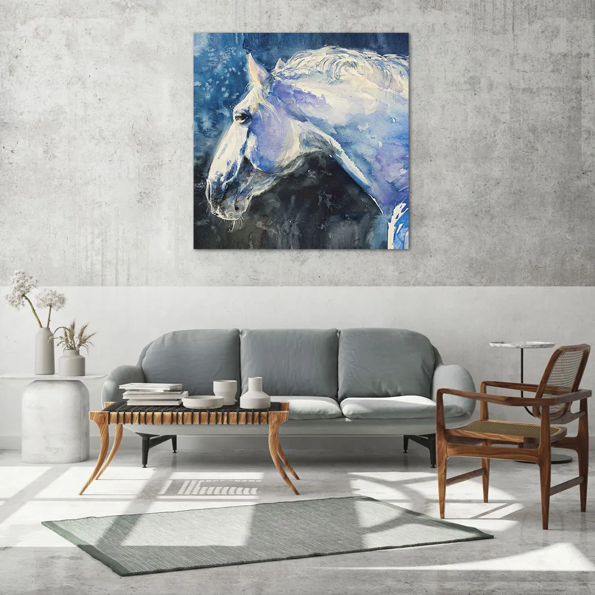 Impression sur verre - Image sur verre - Portrait dans une lueur azur - 50x50 cm