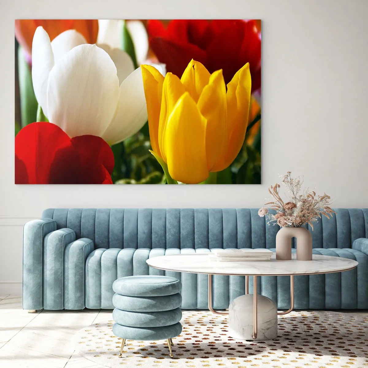 Impression sur verre - Image sur verre - Gros plan de tulipes colorées - 70x50cm - La fièvre des tulipes - Décoration murale moderne pour le salon et la chambre ARTTOR