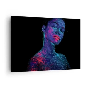 Impression sur toile - Image sur toile - Portrait d'une femme aux couleurs fluo sur fond noir - 70x50cm - Dans la poussière d'étoiles - Décoration murale moderne pour le salon et la chambre ARTTOR