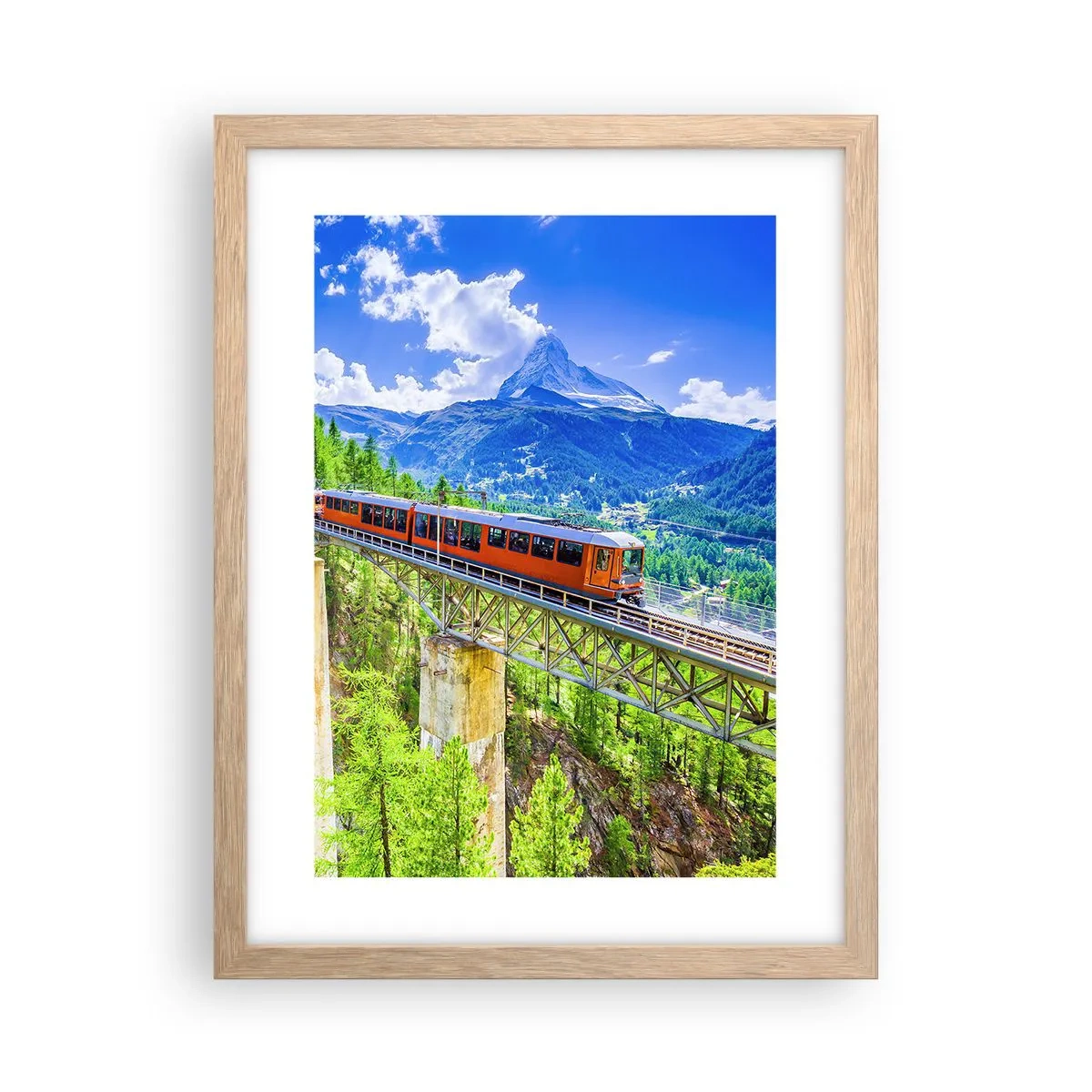 Affiche dans un chêne clair - Poster - Train dans les Alpes - 30x40 cm