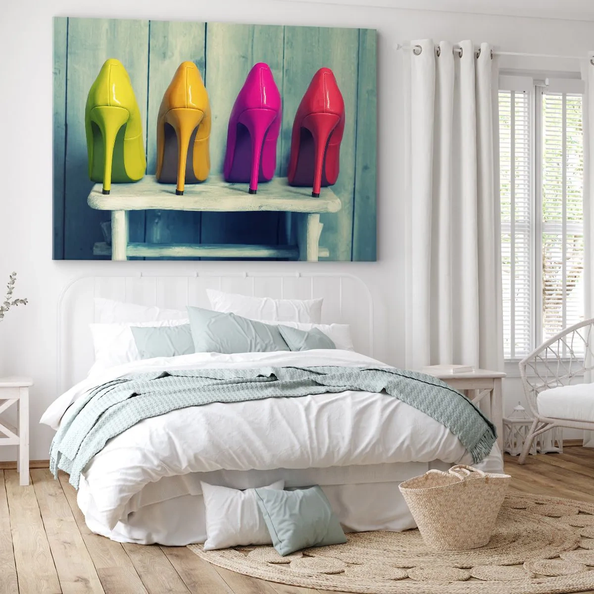 Impression sur toile - Image sur toile - Talons hauts colorés contre un mur en bois - 70x50cm - Promenade sur l'arc-en-ciel - Décoration murale moderne pour le salon et la chambre ARTTOR