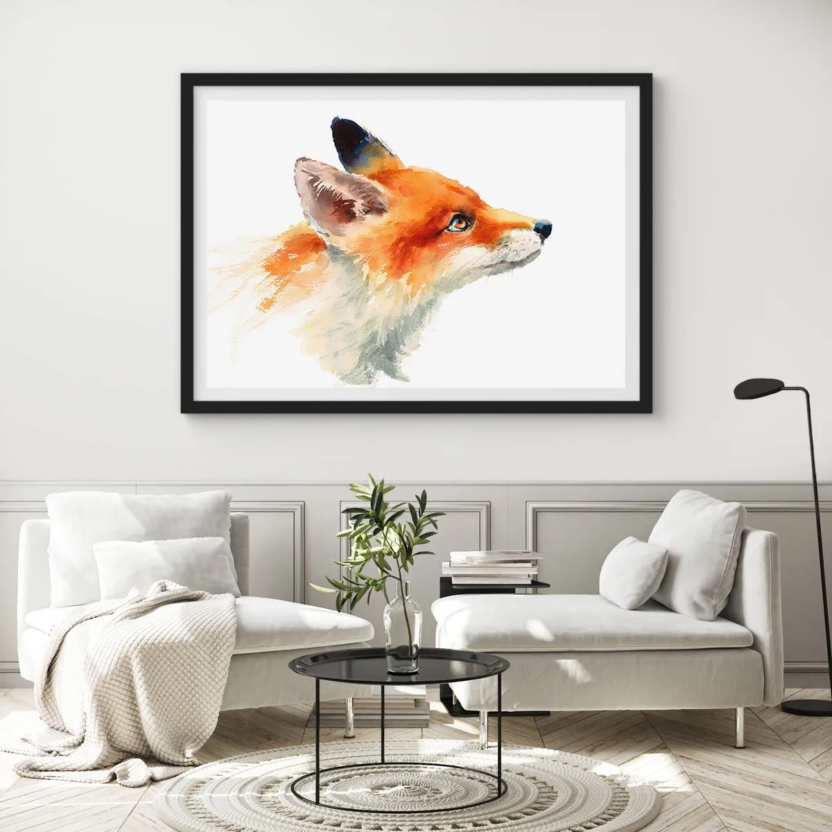 Affiche dans un cadre noir - Poster - Renard roux en style aquarelle sur fond blanc - 100x70cm - Vous ne pouvez jamais être trop prudent - Décoration murale moderne pour le salon et la chambre ARTTOR