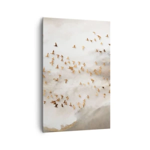 Impression sur toile - Image sur toile - Oiseaux dorés contre les montagnes brumeuses - 80x120cm - Il est l'heure… - Décoration murale moderne pour le salon et la chambre ARTTOR