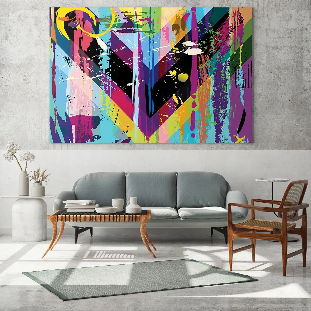 Impression sur verre - Image sur verre - Abstraction colorée avec des formes dynamiques et des couleurs intenses - 70x50cm - De haut en bas - Décoration murale moderne pour le salon et la chambre ARTTOR