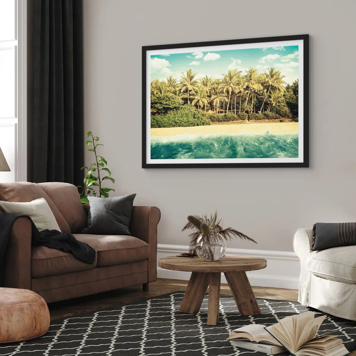 Affiche dans un cadre noir - Poster - Plage tropicale avec palmiers et mer turquoise - 100x70cm - Peut-être ici? - Décoration murale moderne pour le salon et la chambre ARTTOR