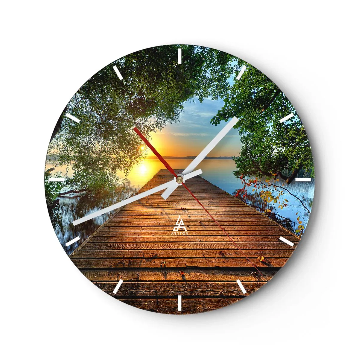 Horloge murale - Pendule murale - Une jetée en bois menant au lac au coucher du soleil - 30x30cm - Prenez votre temps, asseyez-vous - Décoration murale moderne pour le salon, la cuisine et la chambre ARTTOR