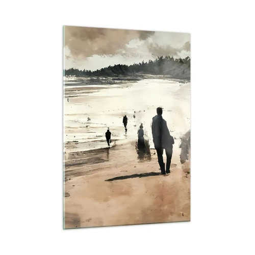Impression sur verre - Image sur verre - Silhouettes marchant sur une large plage sous un ciel nuageux - 50x70cm - Invoqué - Décoration murale moderne pour le salon et la chambre ARTTOR