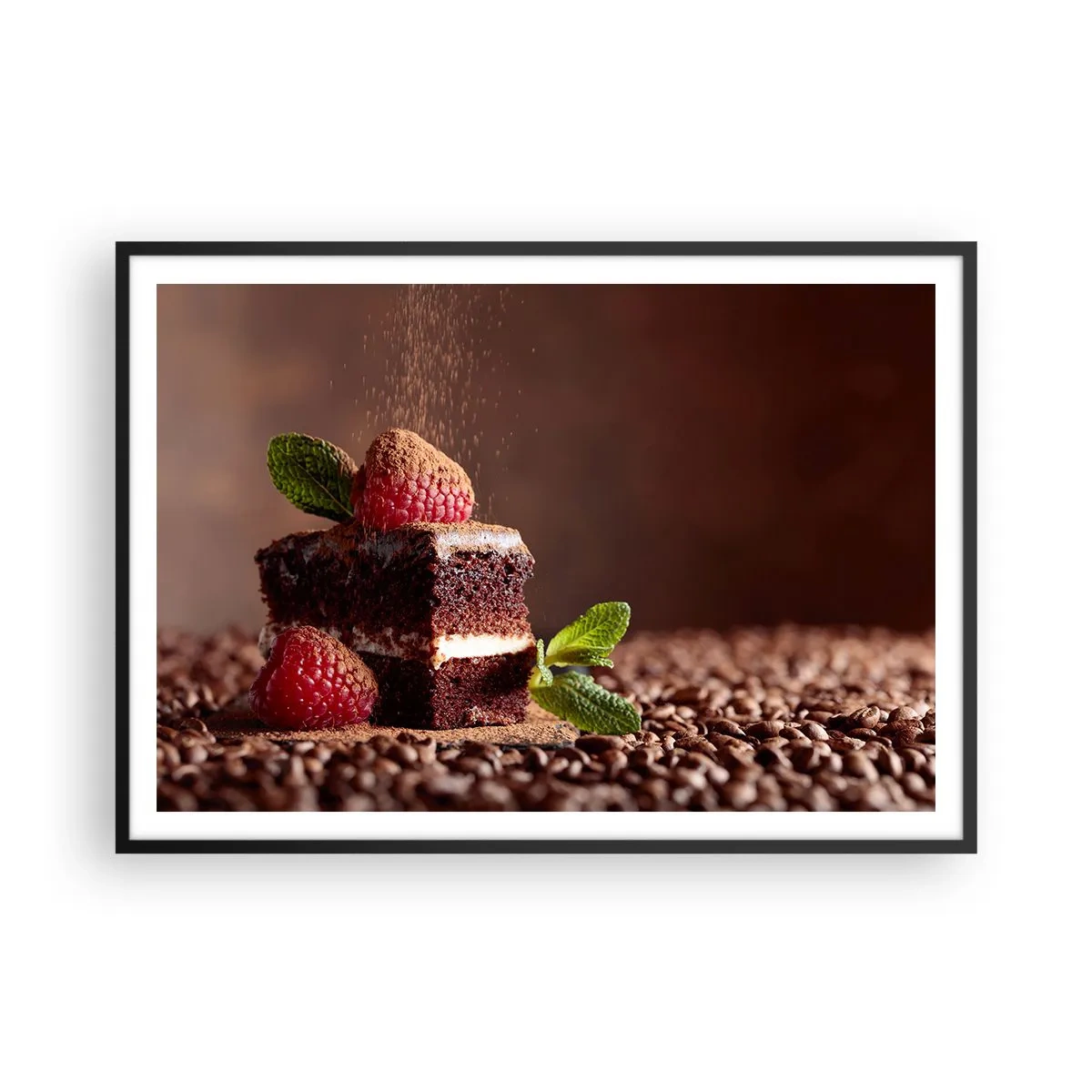 Affiche dans un cadre noir - Poster - Gâteau au chocolat aux framboises et à la menthe sur fond de fèves de cacao - 100x70cm - La vie est douce - Décoration murale moderne pour le salon et la chambre ARTTOR