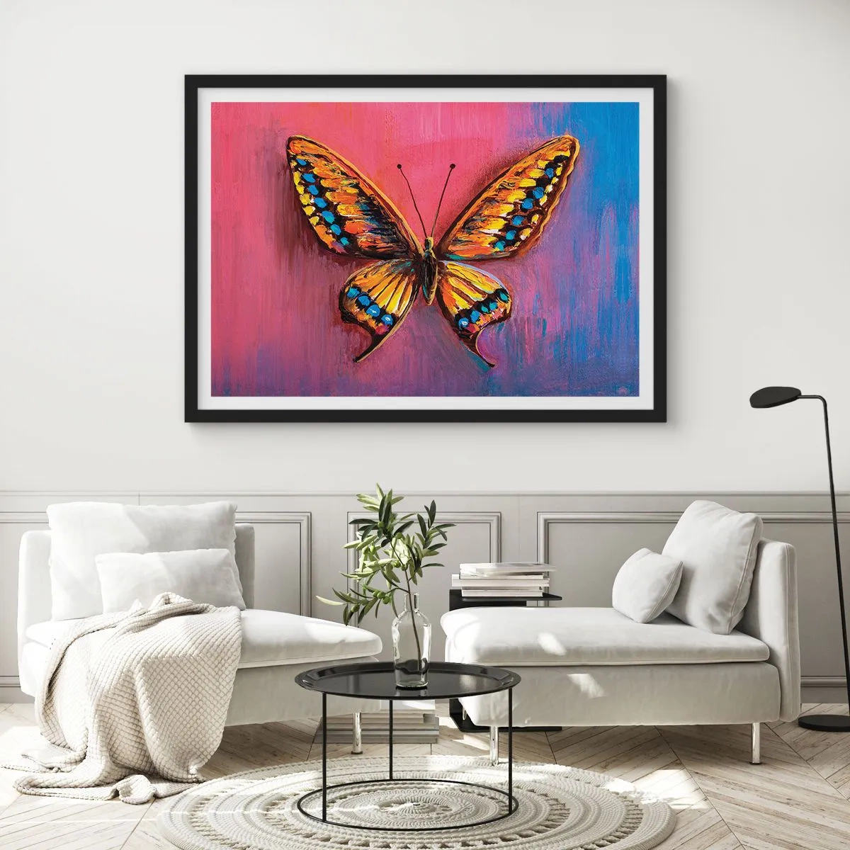 Affiche dans un cadre noir - Poster - Papillon coloré sur un fond abstrait - 70x50cm - Un joyau de la nature - Décoration murale moderne pour le salon et la chambre ARTTOR