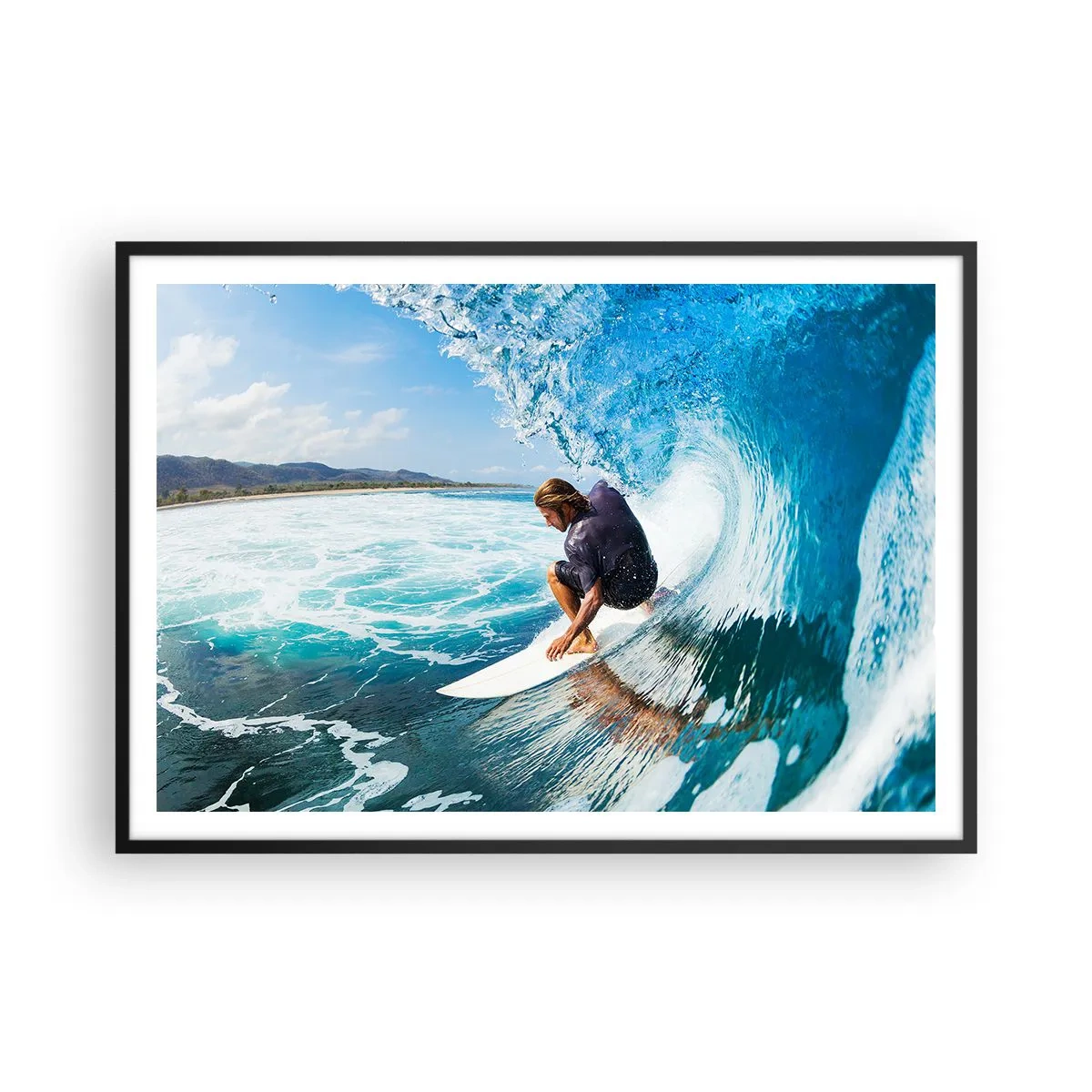 Affiche dans un cadre noir - Poster - Un surfeur dans une pose dynamique sur une vague dans une eau turquoise. - 100x70cm - Danse avec les vagues - Décoration murale moderne pour le salon et la chambre ARTTOR