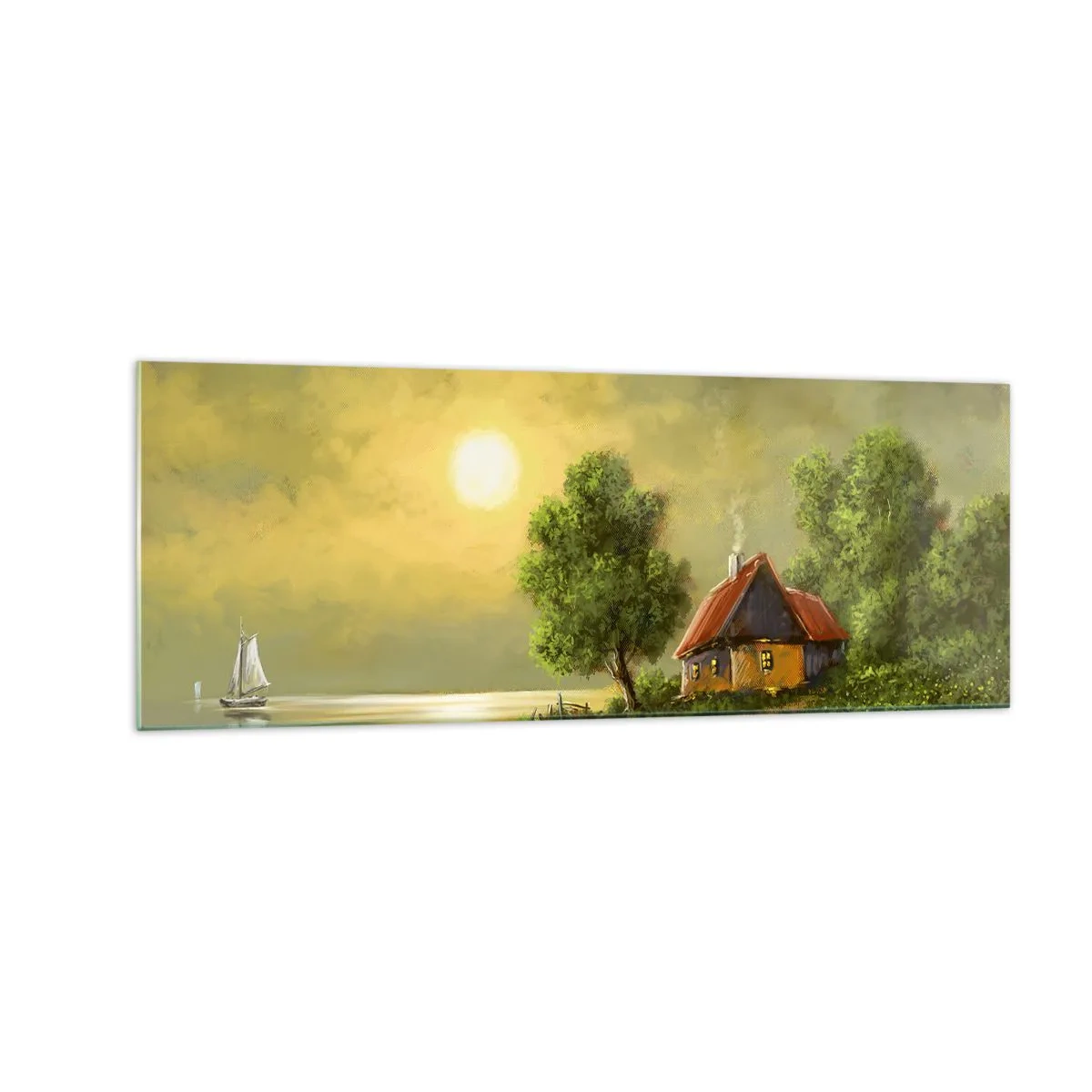 Impression sur verre - Image sur verre - Maison au bord du lac dans la lumière du coucher du soleil - 140x50cm - Beau, comme une image - Décoration murale moderne pour le salon et la chambre ARTTOR