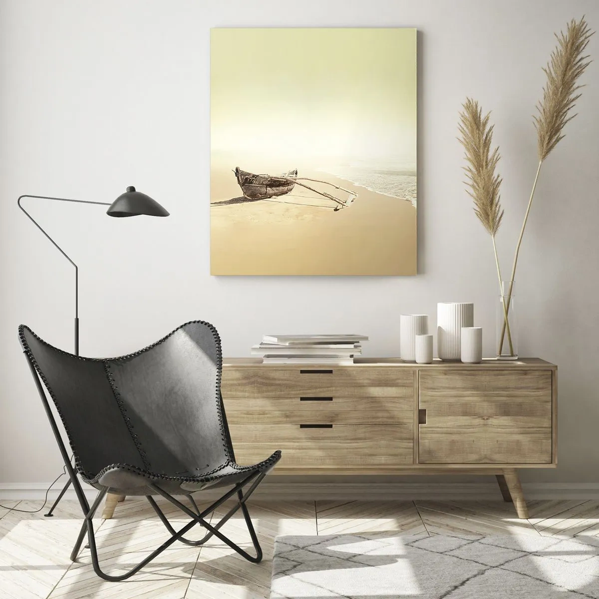Impression sur verre - Image sur verre - Vieux bateau de pêche sur une plage de sable - 70x100cm - Mémoire des mers du sud - Décoration murale moderne pour le salon et la chambre ARTTOR