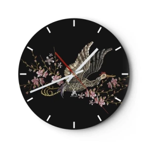 Horloge murale - Pendule murale - Un oiseau en vol parmi des fleurs sur fond noir - 30x30cm - Oiseau brodé exotique - Décoration murale moderne pour le salon, la cuisine et la chambre ARTTOR