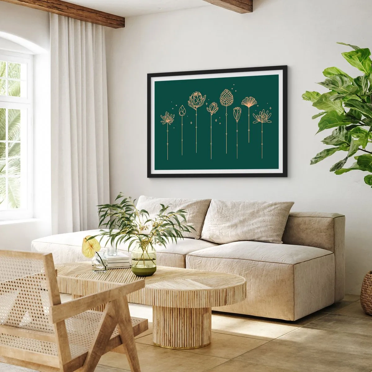 Affiche dans un cadre noir - Poster - Dessins dorés d'herbes sur fond vert foncé - 70x50cm - La famille Plante - Décoration murale moderne pour le salon et la chambre ARTTOR