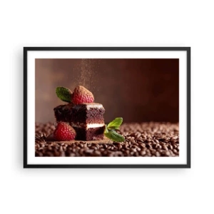 Affiche dans un cadre noir - Poster - Gâteau au chocolat aux framboises et à la menthe sur fond de fèves de cacao - 70x50cm - La vie est douce - Décoration murale moderne pour le salon et la chambre ARTTOR