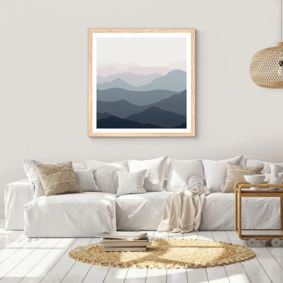 Affiche dans un chêne clair - Poster - Vagues de montagnes - 50x50 cm
