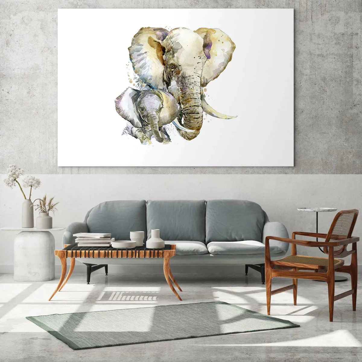 Impression sur verre - Image sur verre - Éléphants artistiques en style aquarelle sur fond blanc - 100x70cm - Rien ne peut égaler maman - Décoration murale moderne pour le salon et la chambre ARTTOR