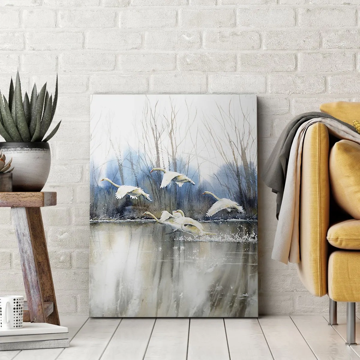 Impression sur toile - Image sur toile - Cygnes en vol au-dessus d'un lac gelé dans un paysage hivernal - 70x100cm - Comme dans un conte de fées sur les cygnes sauvages - Décoration murale moderne pour le salon et la chambre ARTTOR