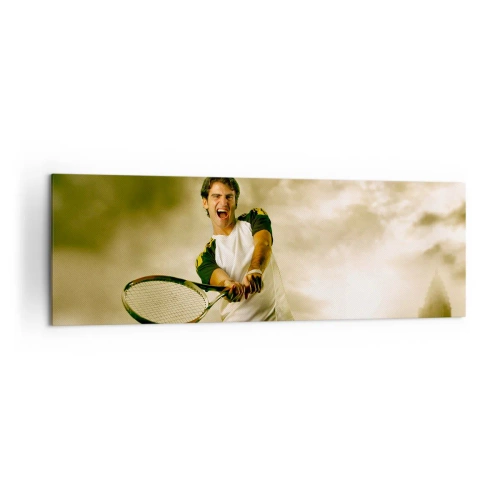 Impression sur toile - Image sur toile - Joueur de tennis en action lors d'un match avec en toile de fond un paysage urbain - 160x50cm - Énergie et joie - Décoration murale moderne pour le salon et la chambre ARTTOR