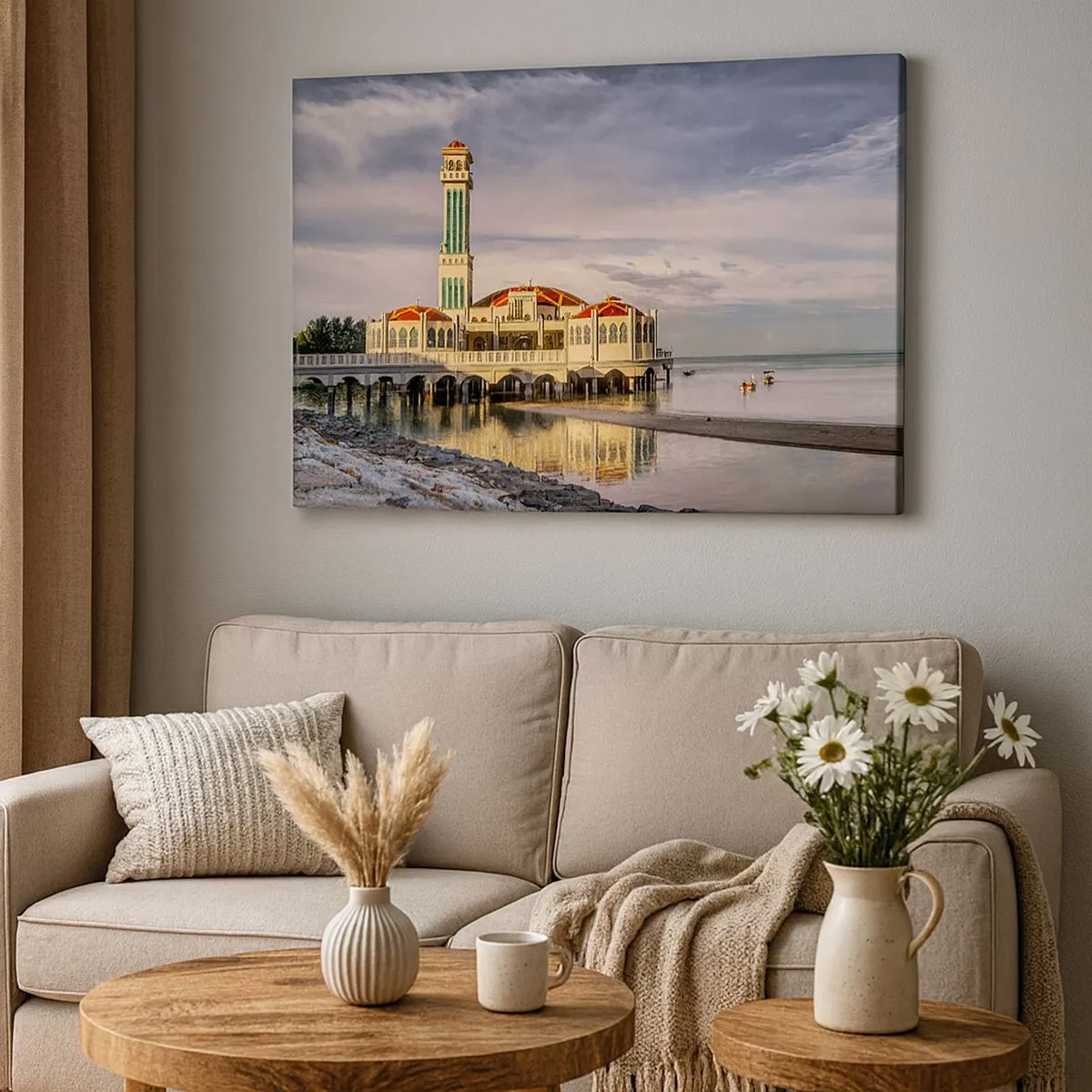 Impression sur toile - Image sur toile - Un bâtiment impressionnant avec un minaret sur l'eau entouré d'un paysage paisible - 70x50cm - Temple de la nature - Décoration murale moderne pour le salon et la chambre ARTTOR