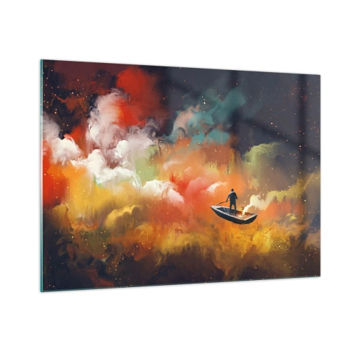 Impression sur verre - Image sur verre - Une silhouette sur un bateau flottant parmi des nuages galactiques colorés - 100x70cm - En bateau à travers la galaxie - Décoration murale moderne pour le salon et la chambre ARTTOR