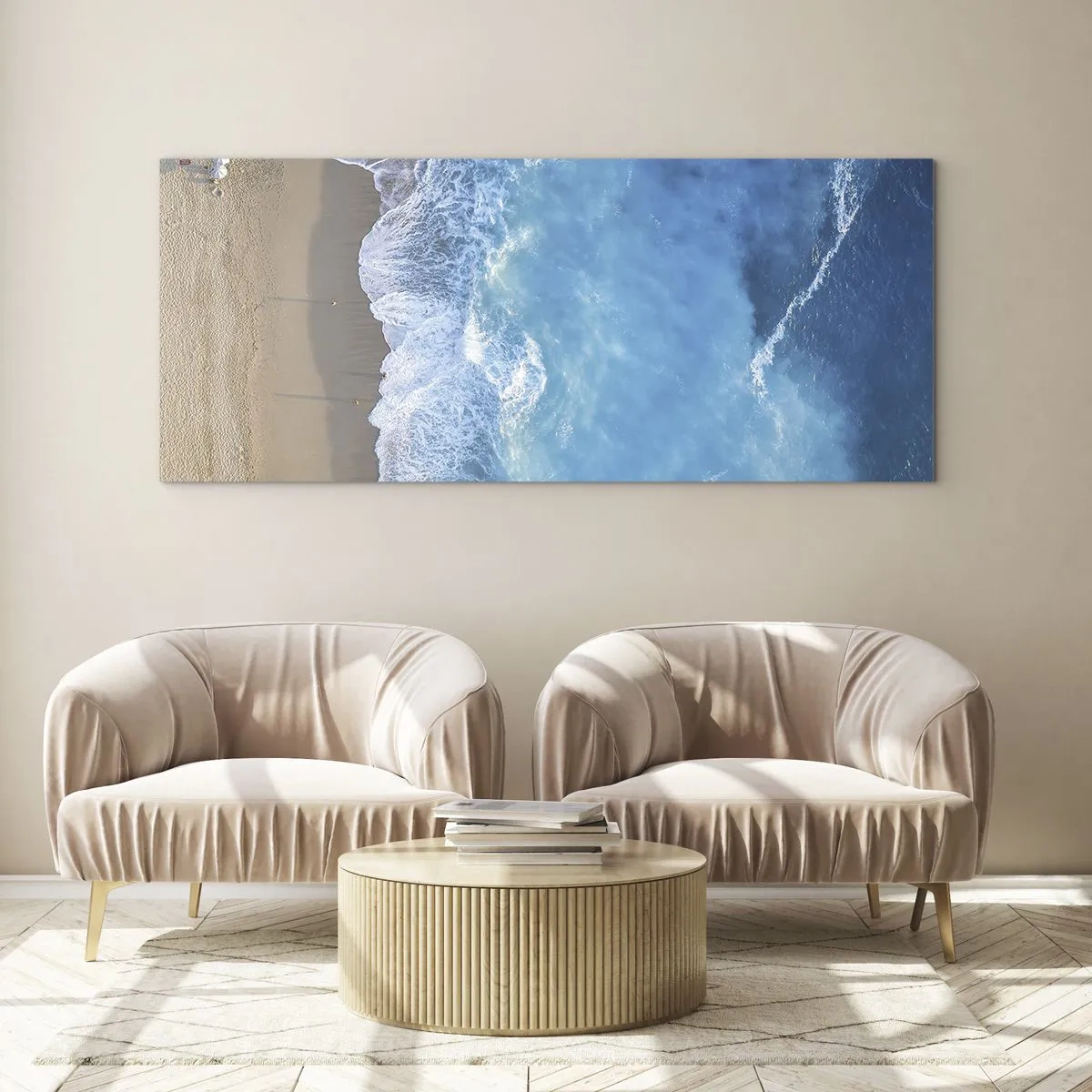 Impression sur verre - Image sur verre - Une vue plongeante sur la plage et les vagues de la mer - 140x50cm - La force du bleu - Décoration murale moderne pour le salon et la chambre ARTTOR